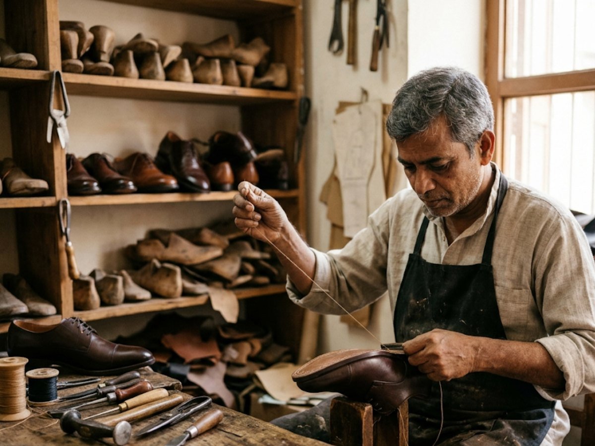 Leather craftsman stitching a formal shoe in an Agra footwear workshop