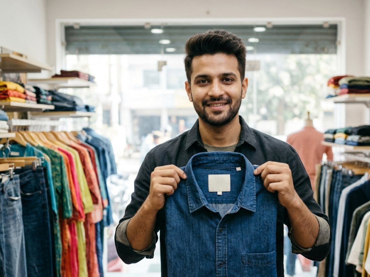 Delhi clothing brand owner holding a denim shirt in his garment showroom