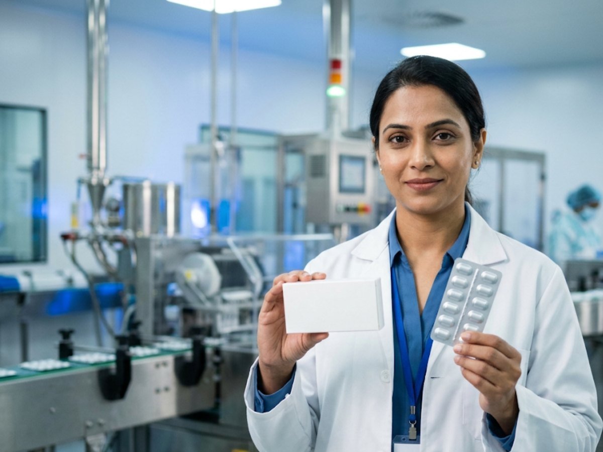 Pharma brand manager holding a medicine carton and blister strip in a Hyderabad pharmaceutical plant