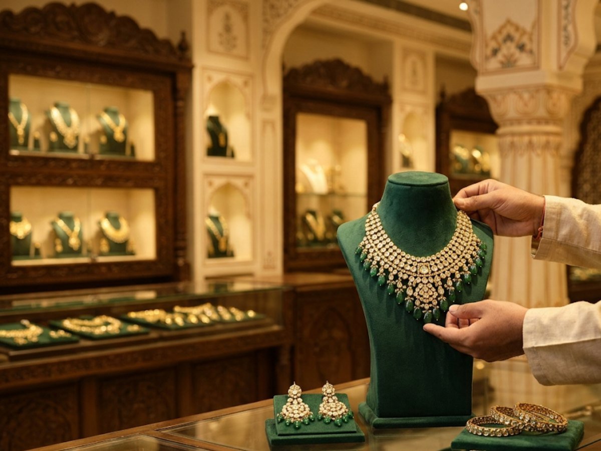Jeweller in a Jaipur jewellery showroom placing a kundan necklace on a display