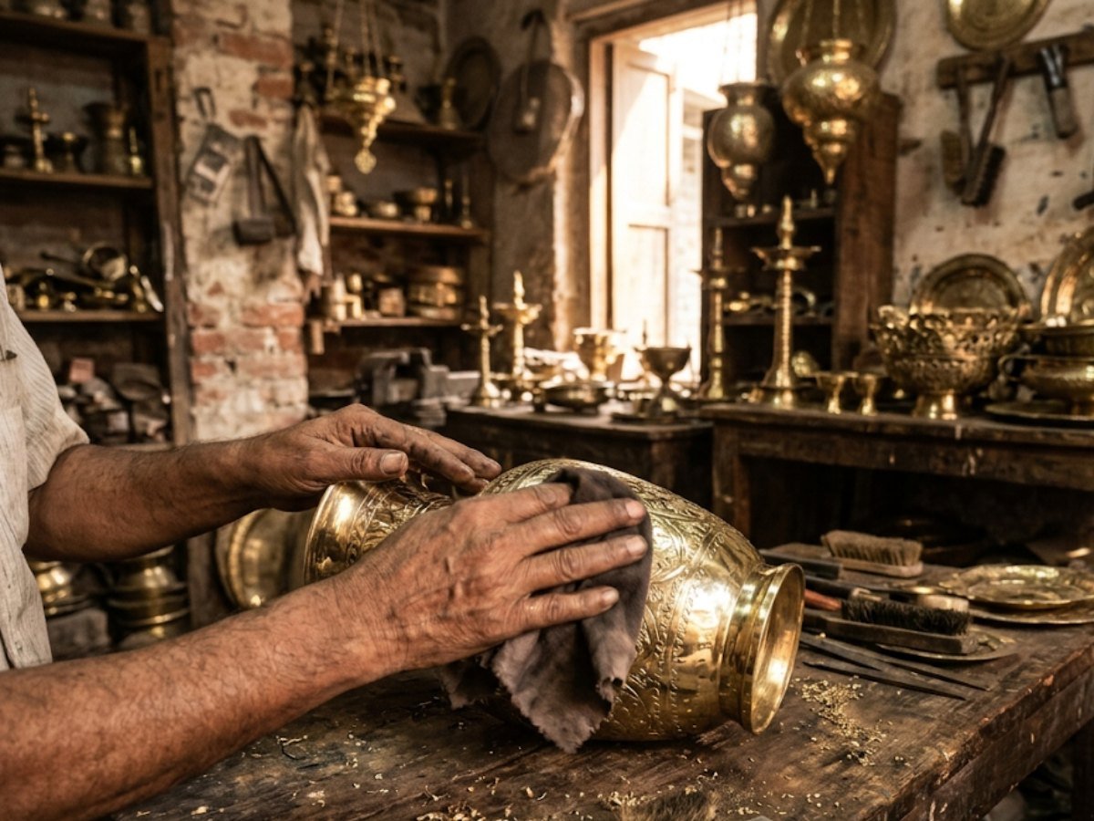 Artisan polishing an engraved brass vase in a Moradabad brassware workshop