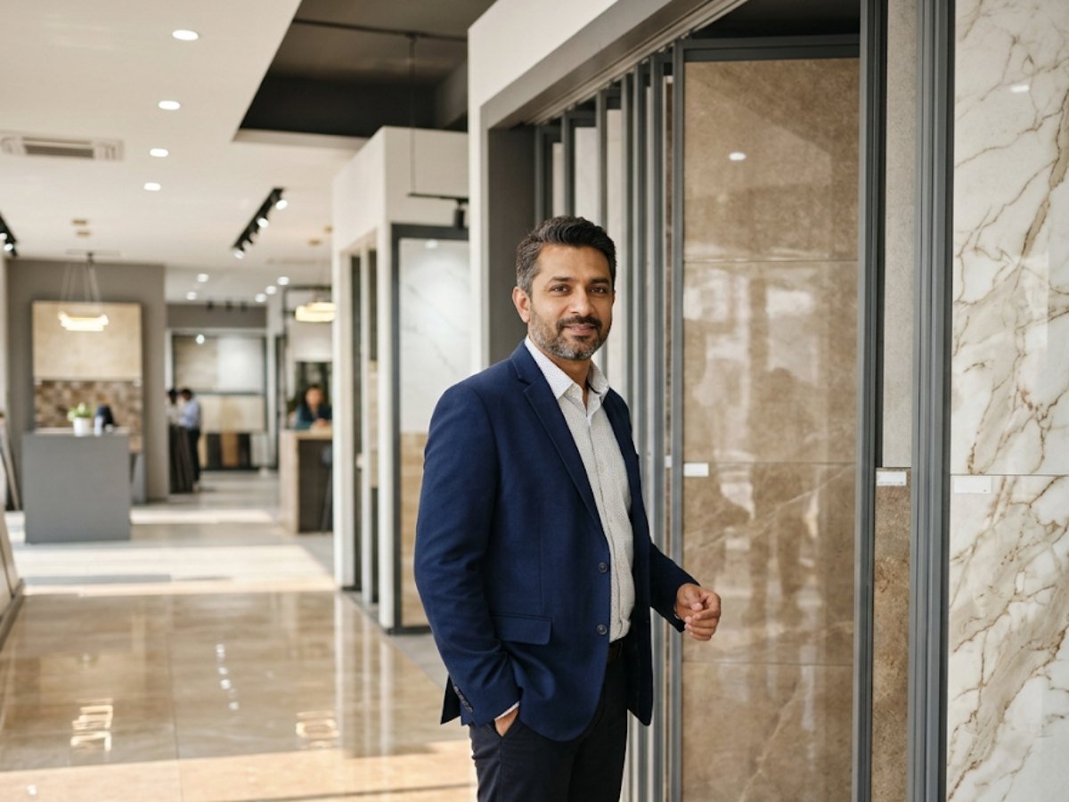 Tile company owner in a Morbi ceramic and vitrified tile showroom
