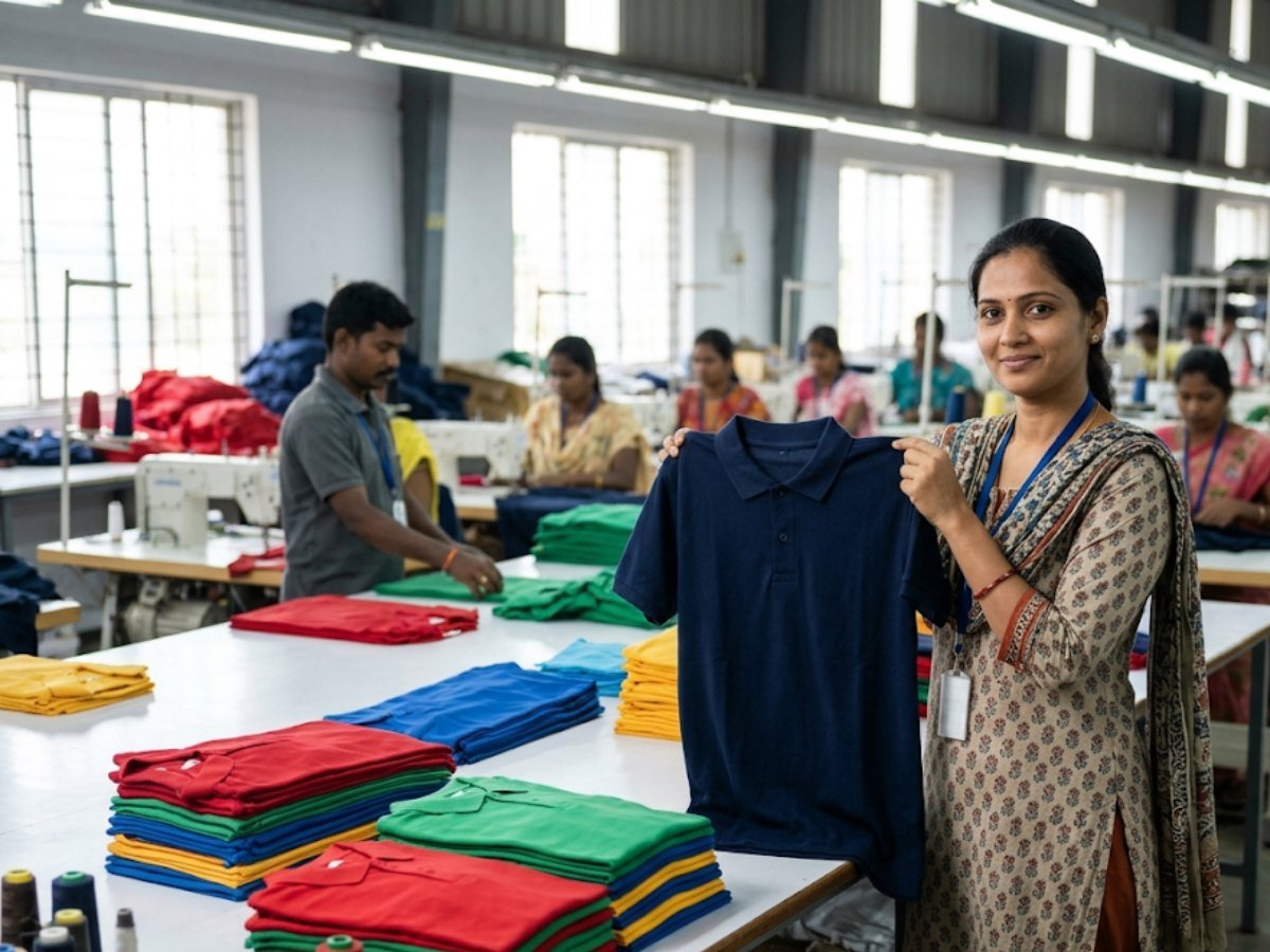 Knitwear entrepreneur holding a cotton polo T-shirt in a Tiruppur garment export unit